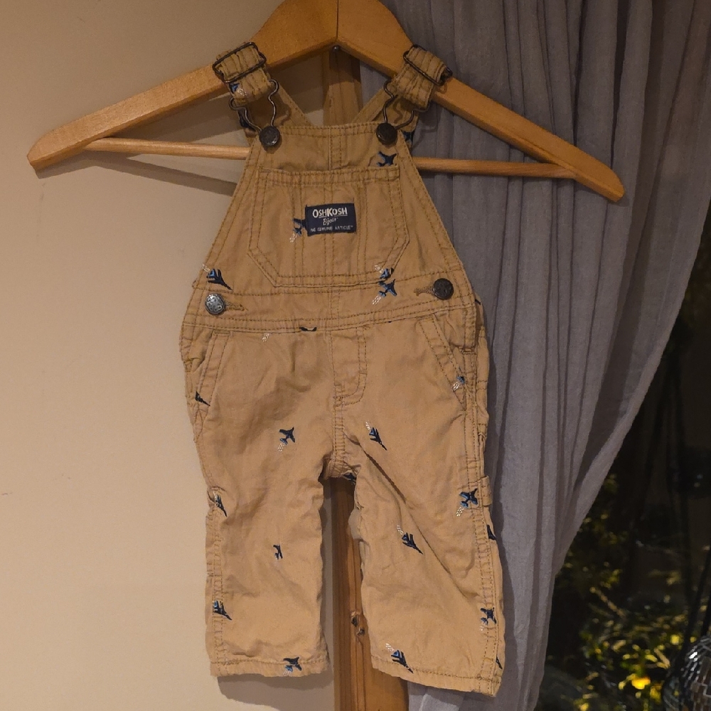OshKosh B'gosh Beige Overalls with Embroidered Planes